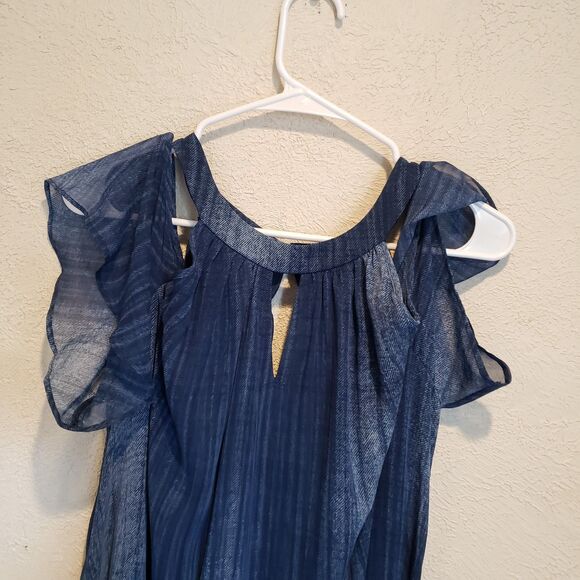 CHICO's size 2 medium indigo cold shoulder lined halter dress handkerchief hem - Picture 4 of 7